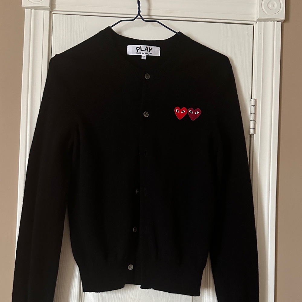 Comme des Garcons Black Cardigan with Red Heart Accents